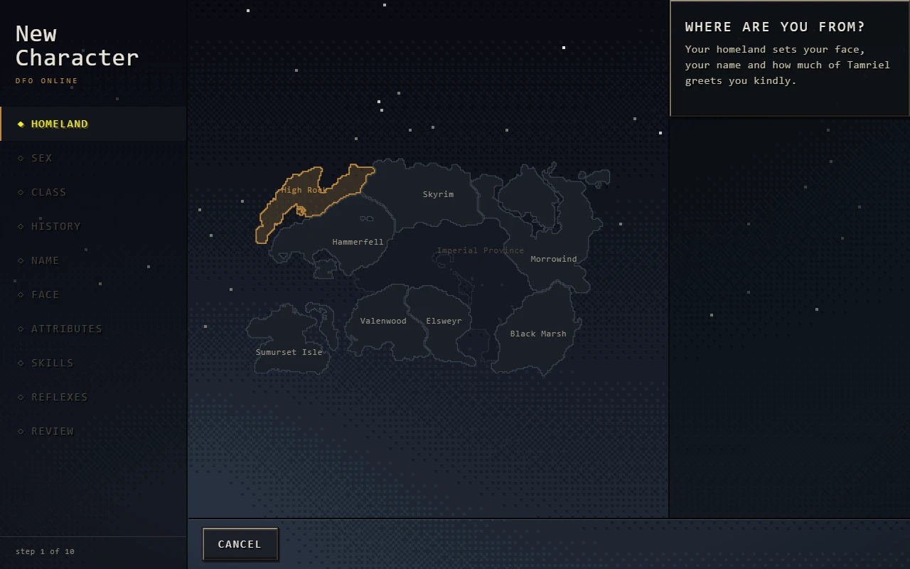 Homeland choices during Daggerfall character creation