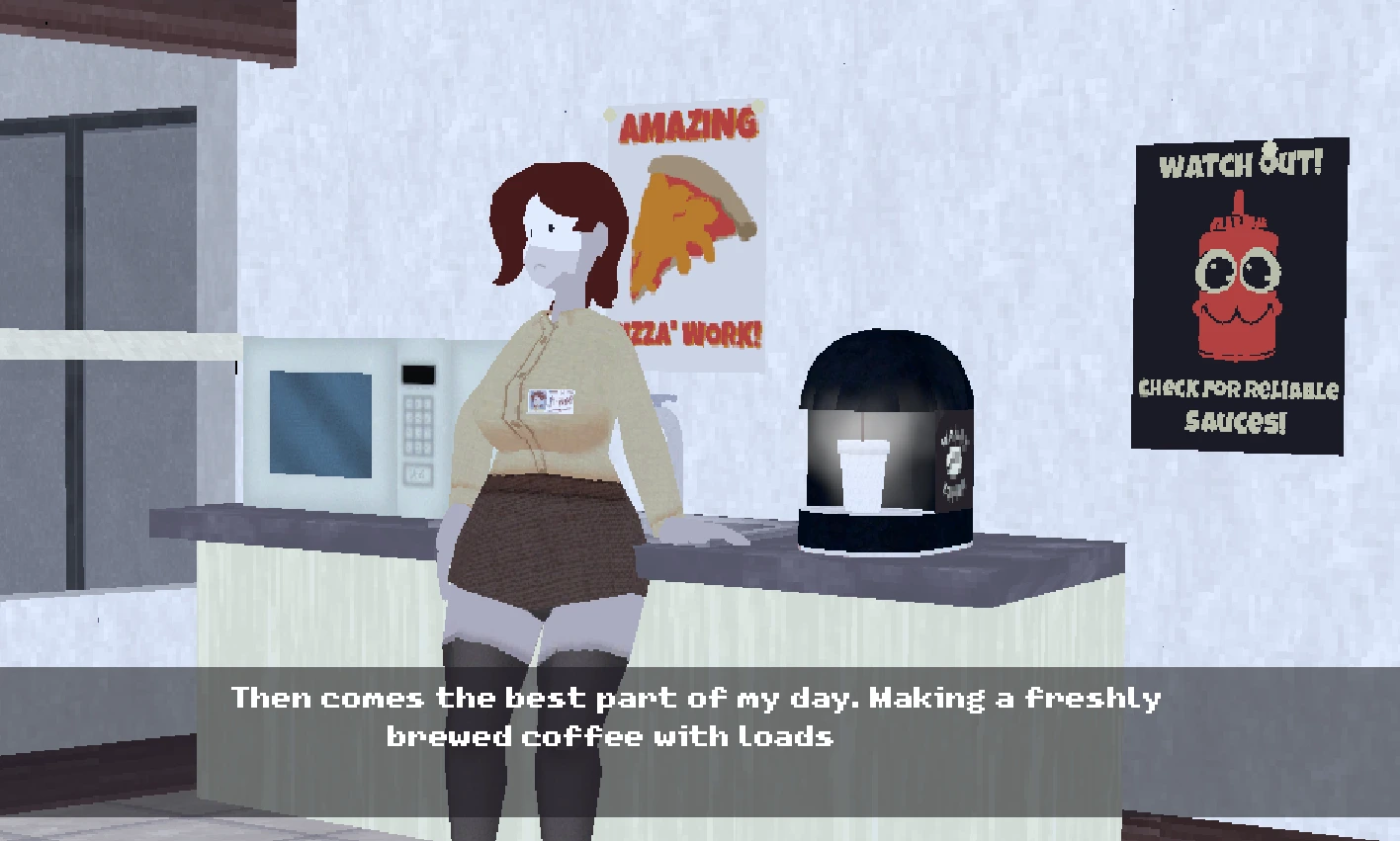 Ms. Happ preparing coffee in the office break area