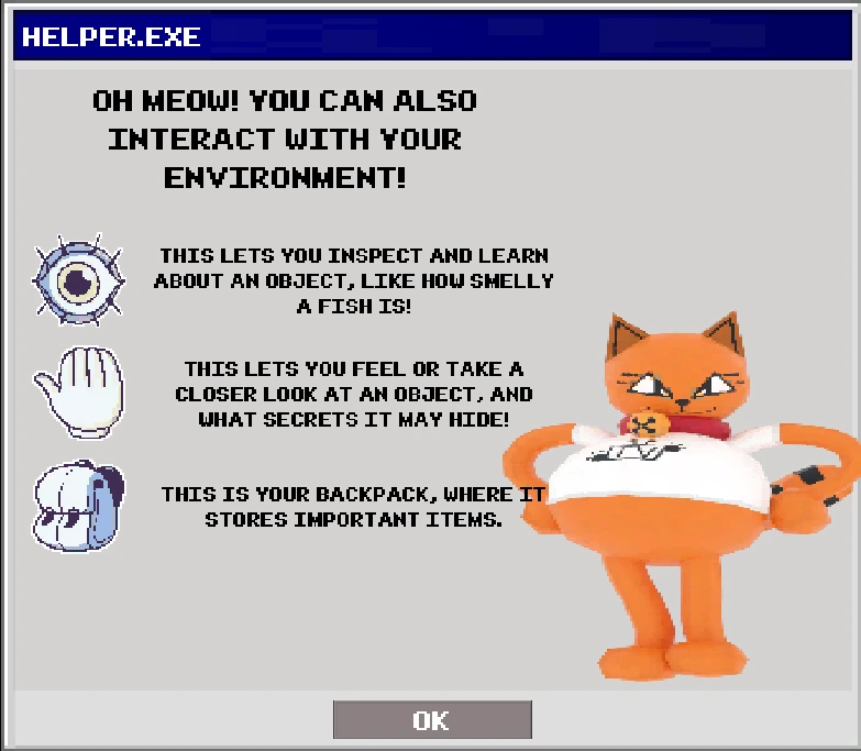 Helper screen explaining inspect, grab, and backpack interactions