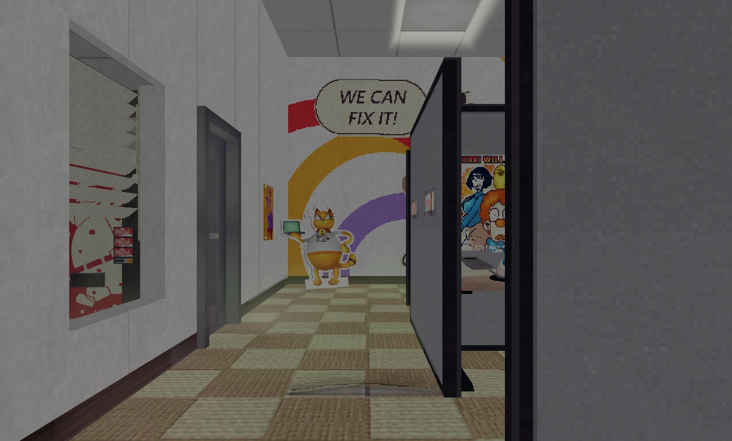 First-person view down an office hallway with a helper cat sign
