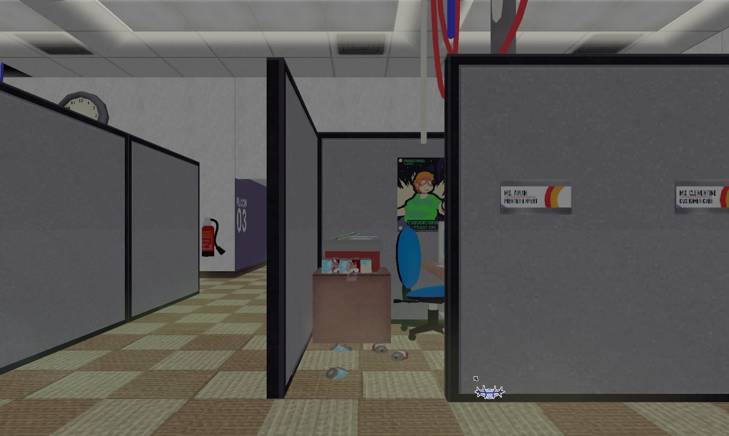 First-person view through the office cubicles