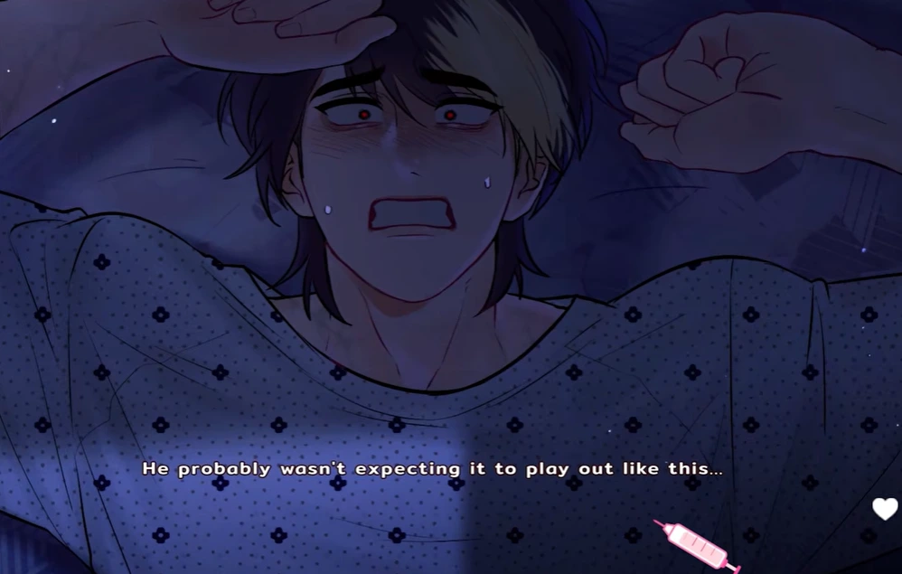 Distressed character lying back with raised arms in a blue-lit close-up