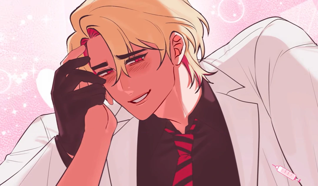 Adrian in a white coat resting his face against a gloved hand on a pink background