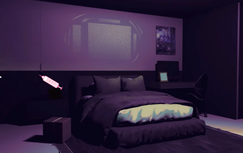 Dim purple bedroom with a bed, bedside desk, and rectangular light on the wall